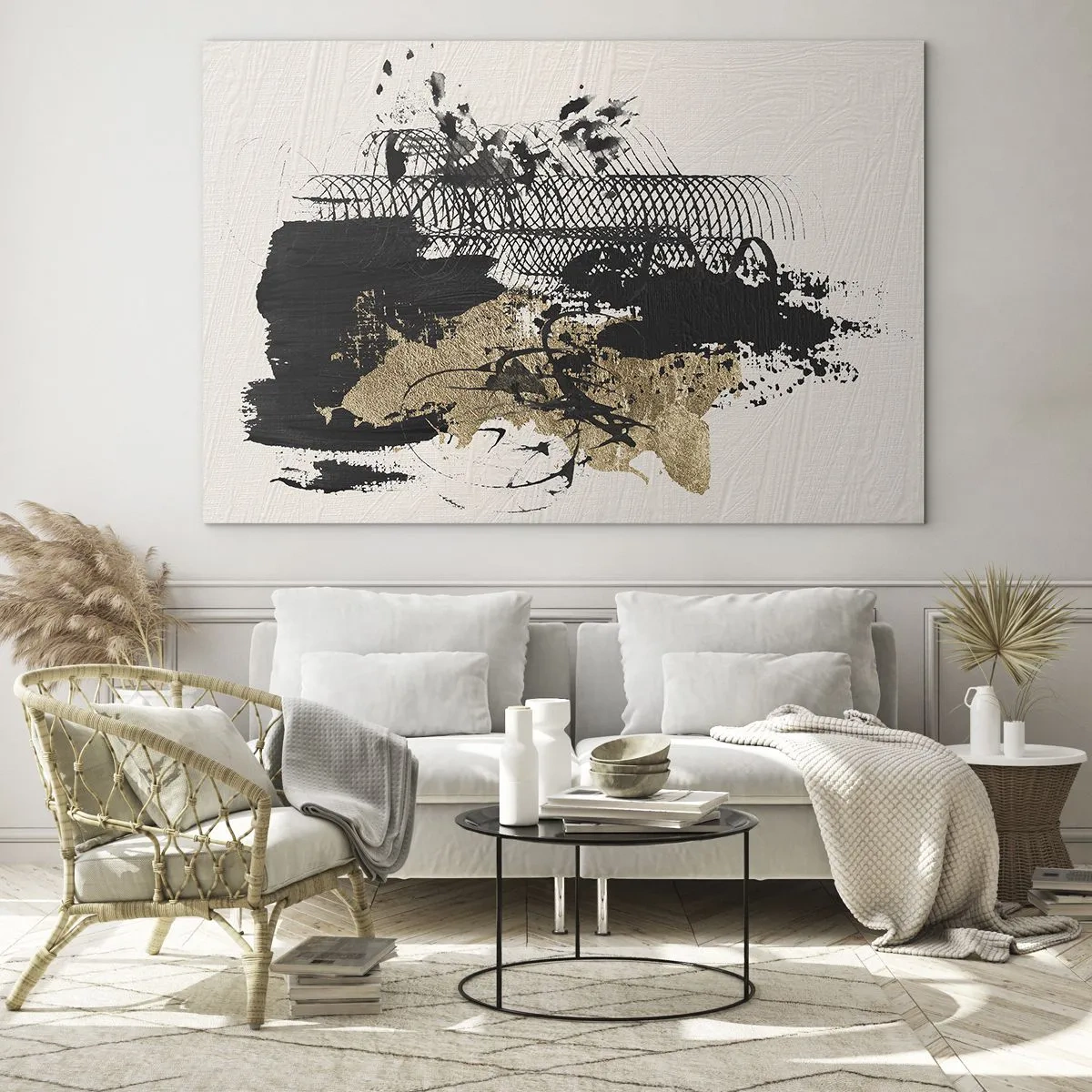 Obraz na szkle - Abstrakcyjna kompozycja w czerni i złocie na jasnym tle - 70x50cm - Kompozycja z pasją - Nowoczesna dekoracja ścienna do salonu i sypialni ARTTOR