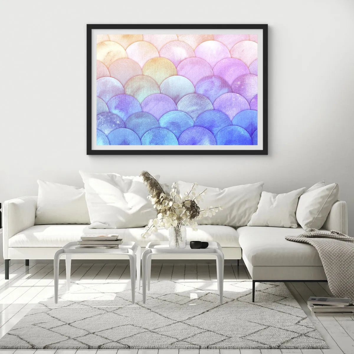 Plakat w czarnej ramie - Abstrakcyjne łuski w pastelowych odcieniach - 70x50cm - Perłowa łuska - Nowoczesna dekoracja ścienna do salonu i sypialni ARTTOR