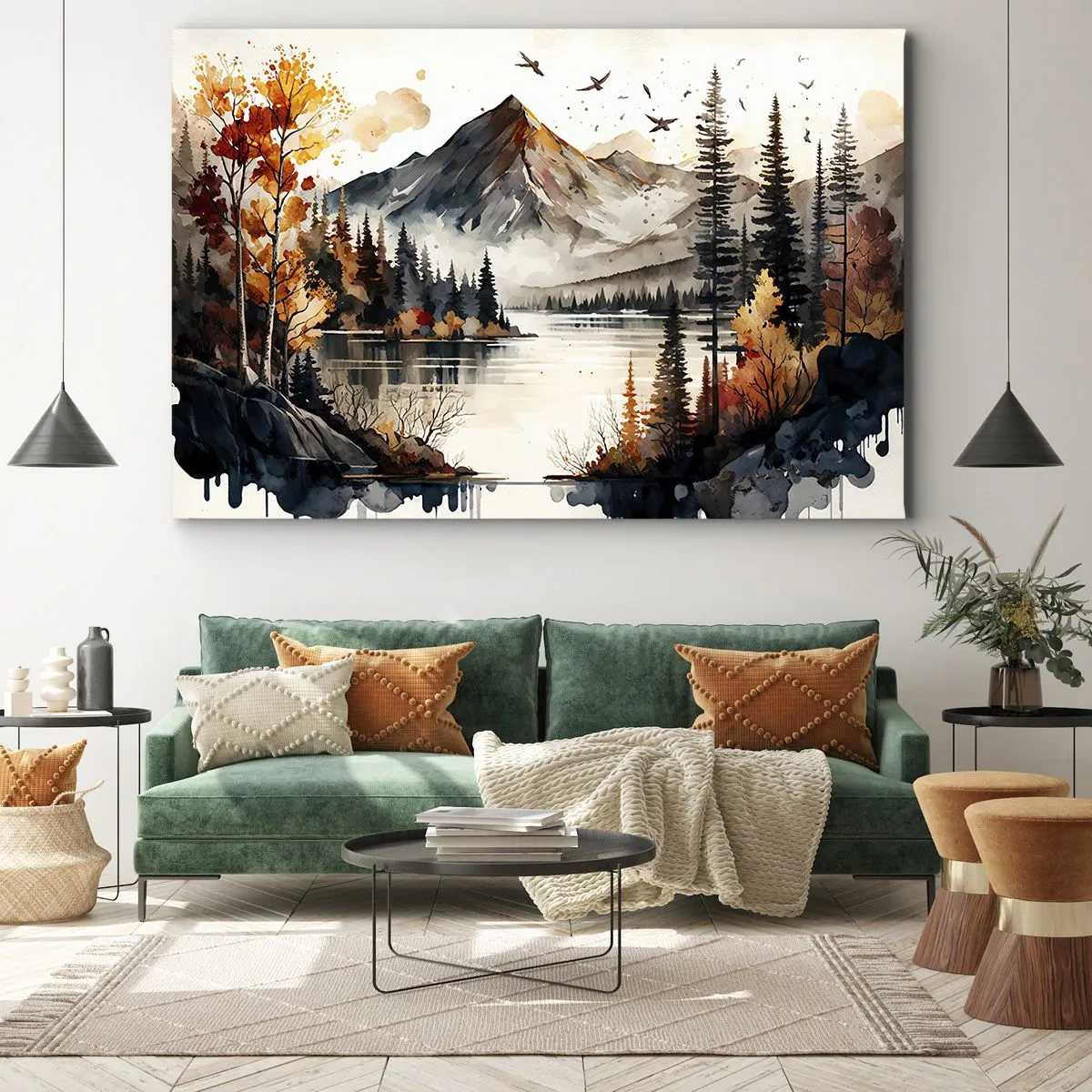 Obraz na płótnie - Jesienny krajobraz górski z jeziorem i drzewami akwarelą - 70x50cm - Złota jesień w górach - Nowoczesna dekoracja ścienna do salonu i sypialni ARTTOR