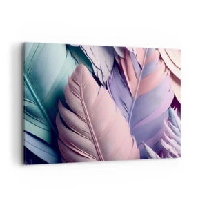 Obraz na płótnie - Kolorowe pióra w pastelowych odcieniach na jasnym tle - 100x70cm - Ptasi szyk - Nowoczesna dekoracja ścienna do salonu, kuchni i sypialni ARTTOR