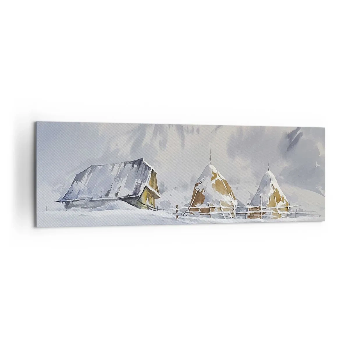 Obraz na płótnie - Zimowy krajobraz z chatą i stogami siana w górach - 160x50cm - W śnieżnej kotlinie - Nowoczesna dekoracja ścienna do salonu i sypialni ARTTOR