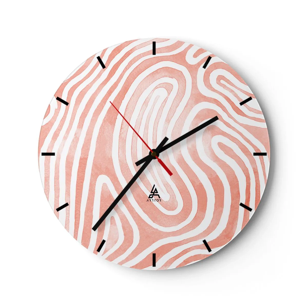 Zegar ścienny - Abstrakcyjny wzór przypominający linie papilarne w różu - 30x30cm - W koralowym labiryncie - Nowoczesna dekoracja ścienna do salonu, kuchni i sypialni ARTTOR