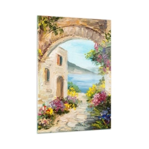 Obraz na szkle - Malownicza uliczka z widokiem na jezioro - 50x70cm - Urok nadmorskiej prowincji - Nowoczesna dekoracja ścienna do salonu, kuchni i sypialni ARTTOR