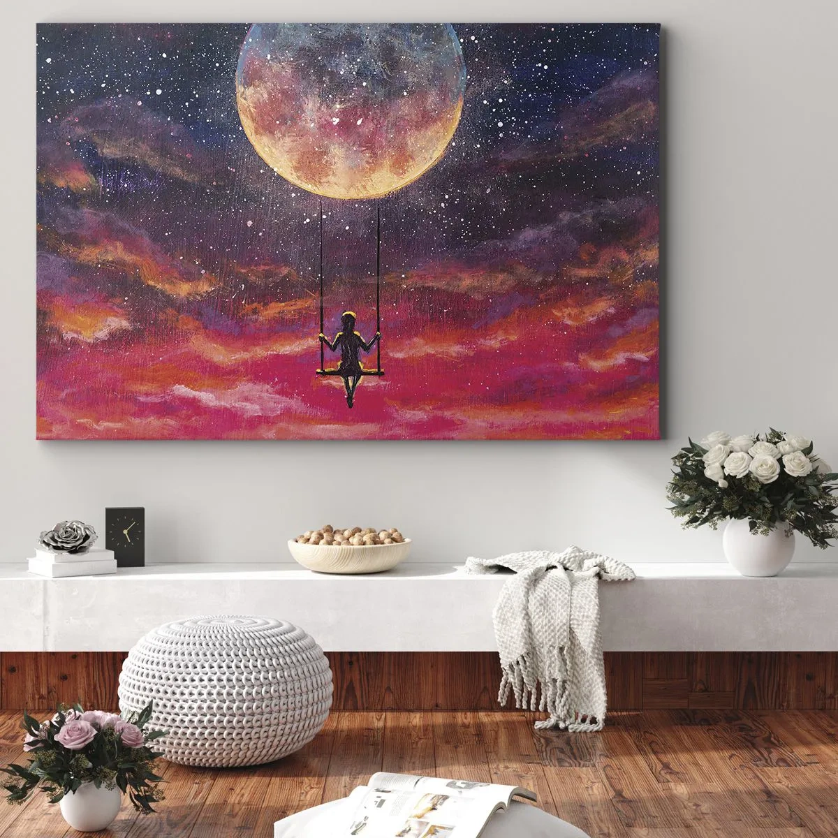 Obraz na płótnie - Postać na huśtawce zawieszonej na tle księżyca - 70x50cm - Bujać w obłokach - Nowoczesna dekoracja ścienna do salonu i sypialni ARTTOR