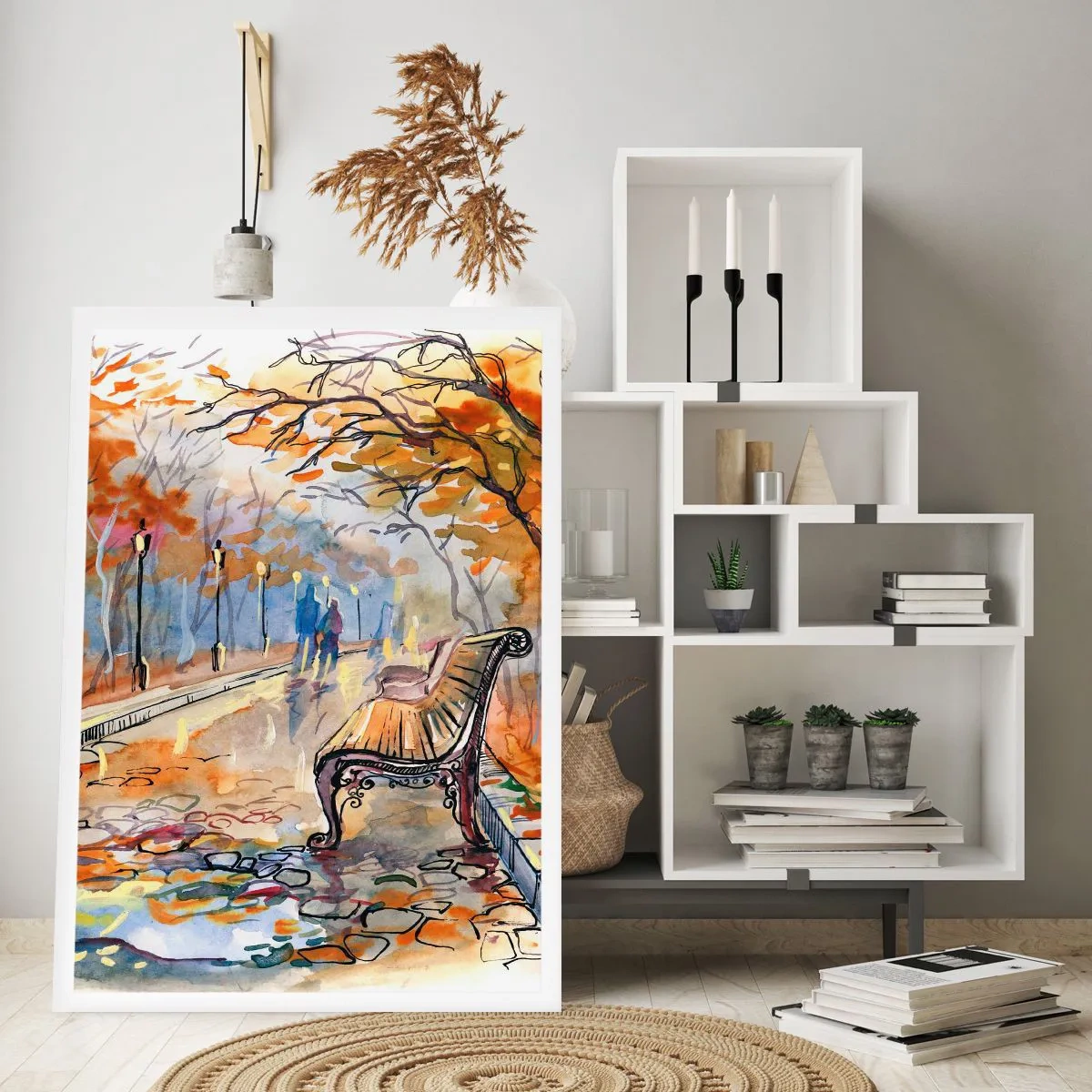 Plakat - Ławka w jesiennym parku, akwarela - 50x70cm - Razem powędrować w jesień - Nowoczesna dekoracja ścienna do salonu, kuchni i sypialni ARTTOR