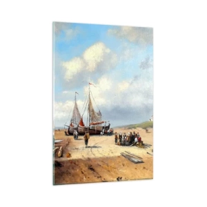 Obraz na szkle - Rybackie łodzie na plaży z postaciami ludzi - 80x120cm - Po udanym połowie - Nowoczesna dekoracja ścienna do salonu i sypialni ARTTOR