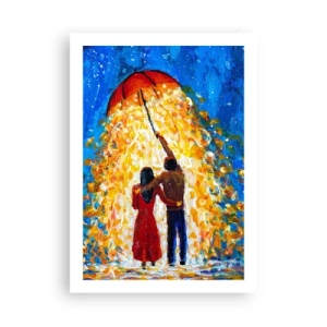 Plakat - Romantyczna para pod parasolem pełnym światła - 50x70cm - Magia deszczowego wieczoru? - Nowoczesna dekoracja ścienna do salonu, kuchni i sypialni ARTTOR