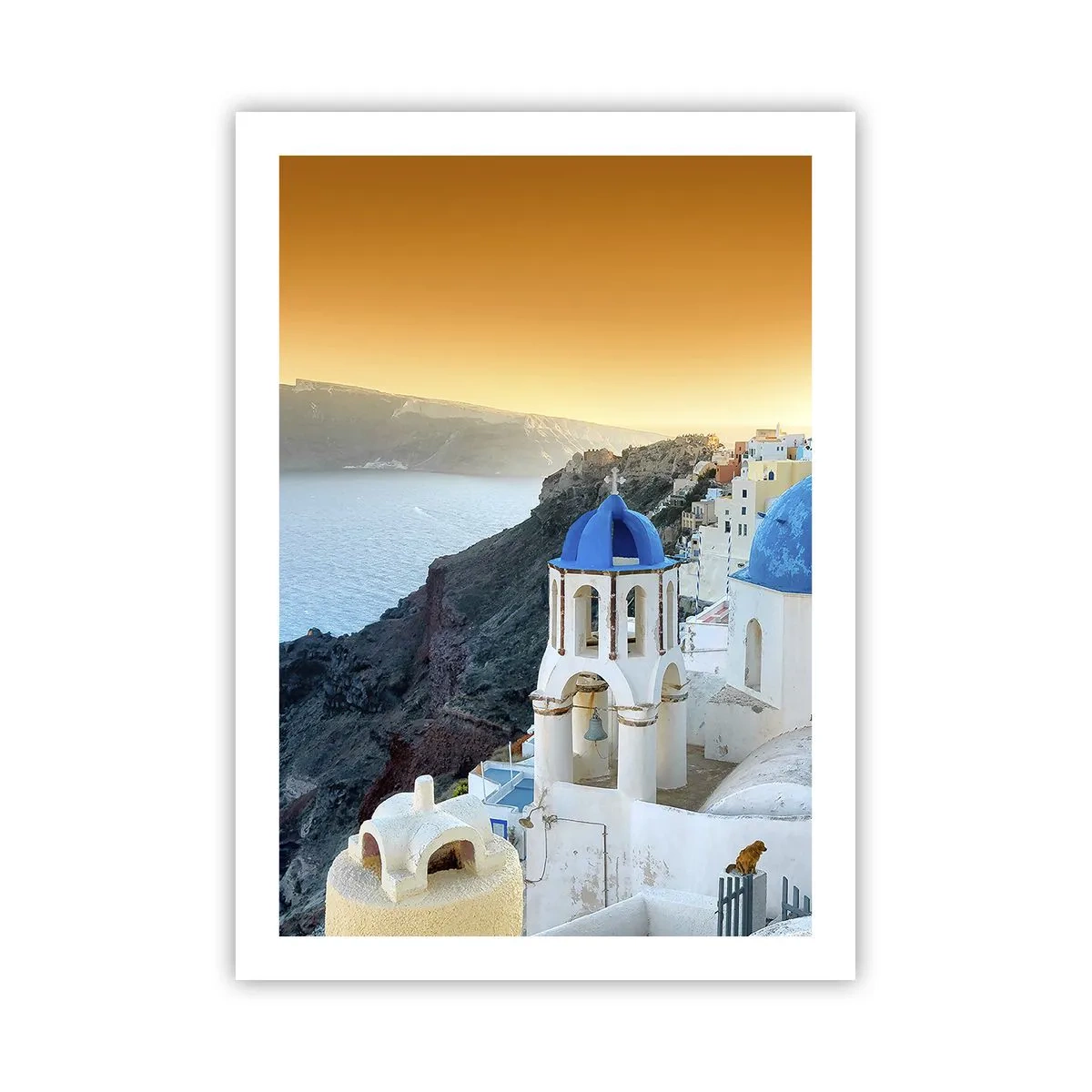 Plakat - Santorini z białymi domami i niebieskimi kopułami - 50x70cm - Santorini - przytulone do skał - Nowoczesna dekoracja ścienna do salonu, kuchni i sypialni ARTTOR