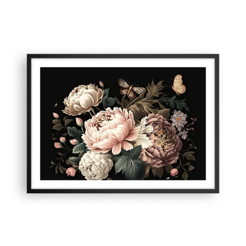 Plakat w czarnej ramie - Bukiet różowych kwiatów i motyli na czarnym tle - 70x50cm - W barokowym stylu - Nowoczesna dekoracja ścienna do salonu i sypialni ARTTOR