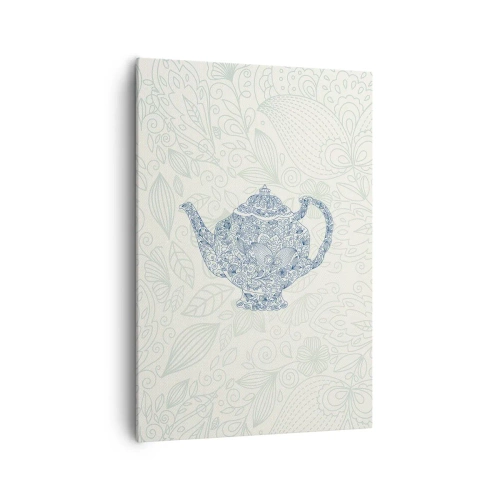 Obraz na płótnie - Dekoracyjny rysunek imbryka z ornamentami w niebieskim kolorze - 70x100cm - Herbaty czar - Nowoczesna dekoracja ścienna do salonu i sypialni ARTTOR