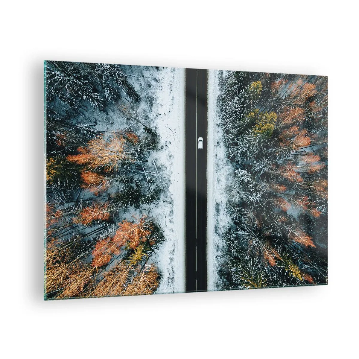 Obraz na szkle - Zimowa droga przez ośnieżony las z kolorowymi drzewami - 70x50cm - Przeciąć zimowy las - Nowoczesna dekoracja ścienna do salonu i sypialni ARTTOR