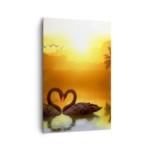 Obraz na płótnie - Dwa czarne łabędzie tworzące serce na tle zachodu słońca nad jeziorem - 80x120cm - Wszystko do pary - Nowoczesna dekoracja ścienna do salonu i sypialni ARTTOR