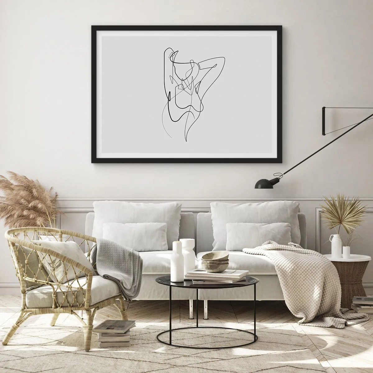 Plakat w czarnej ramie - Minimalistyczny kontur kobiecej sylwetki - 100x70cm - Naprawdę, jaka jesteś... - Nowoczesna dekoracja ścienna do salonu i sypialni ARTTOR