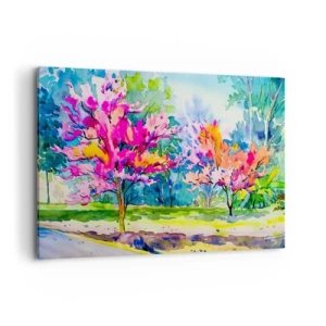 Obraz na płótnie - Kolorowe drzewa w parku w stylu akwarelowym - 100x70cm - Tęczowy ogród w wiosennym blasku - Nowoczesna dekoracja ścienna do salonu, kuchni i sypialni ARTTOR