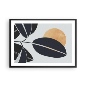 Plakat w czarnej ramie - Minimalistyczny motyw liści z jasnym słońcem w tle - 70x50cm - Dzień gorącego lata - Nowoczesna dekoracja ścienna do salonu i sypialni ARTTOR