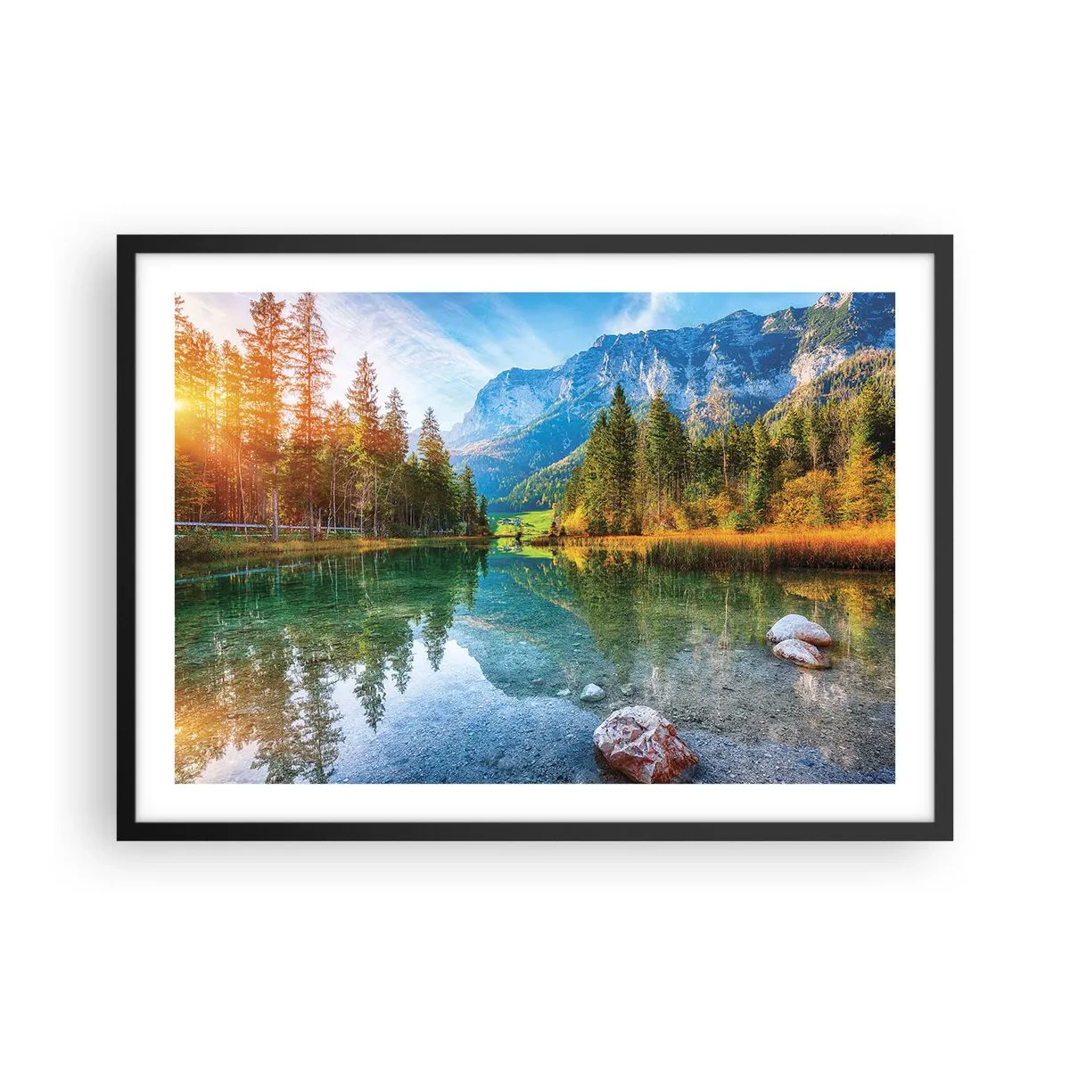 Plakat w czarnej ramie - Malownicze jezioro w otoczeniu gór i lasów - 70x50cm - Łagodność jesieni - Nowoczesna dekoracja ścienna do salonu i sypialni ARTTOR
