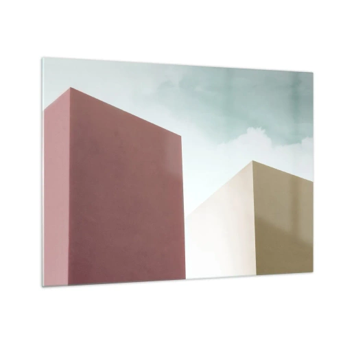 Obraz na szkle - Geometryczne budynki w pastelowych kolorach - 70x50cm - Geometria słonecznego lata - Nowoczesna dekoracja ścienna do salonu i sypialni ARTTOR
