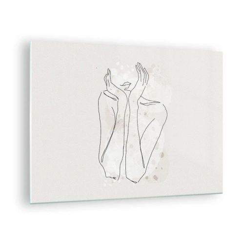 Obraz na szkle - Minimalistyczny szkic kobiecych dłoni i ust na tle beżu - 70x50cm - Rozmarzona chwila - Nowoczesna dekoracja ścienna do salonu i sypialni ARTTOR