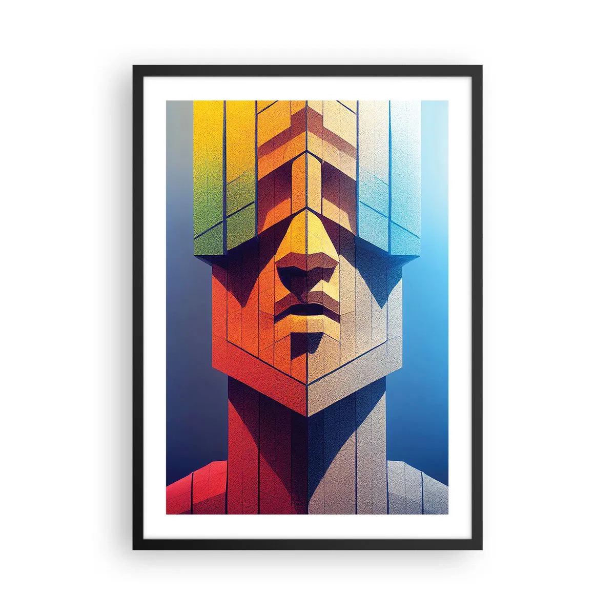 Plakat w czarnej ramie - Monumentalna twarz w geometrycznej stylizacji - 50x70cm - Człowiek z zasadami - Nowoczesna dekoracja ścienna do salonu i sypialni ARTTOR