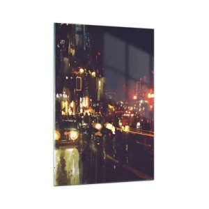 Obraz na szkle - Nocna scena miasta z kolorowymi światłami i refleksami na ulicy - 70x100cm - Zatopiona w światłach nocy - Nowoczesna dekoracja ścienna do salonu i sypialni ARTTOR