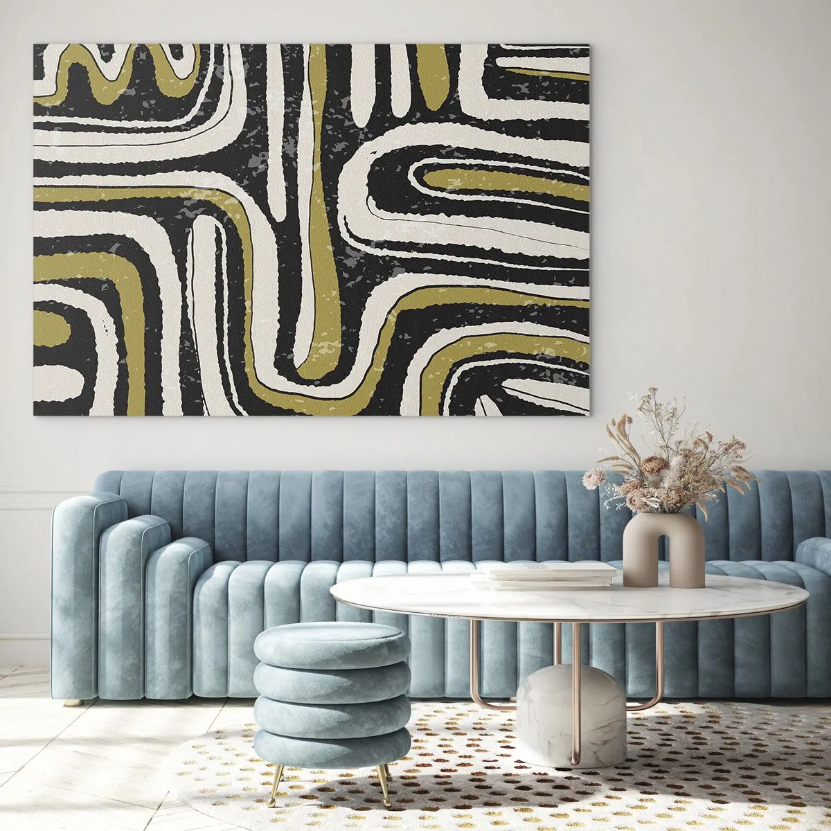 Obraz na szkle - Abstrakcyjne wzory w kolorach czerni, bieli i złota - 70x50cm - Kompozycja: trakty i zaułki - Nowoczesna dekoracja ścienna do salonu i sypialni ARTTOR