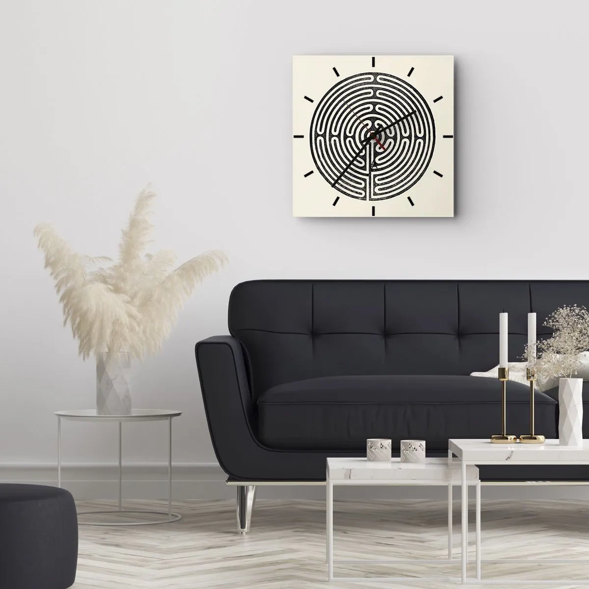 Zegar ścienny - Czarno-biały okrągły labirynt na jasnym tle - 30x30cm - Tajemniczy porządek - Nowoczesna dekoracja ścienna do salonu i sypialni ARTTOR