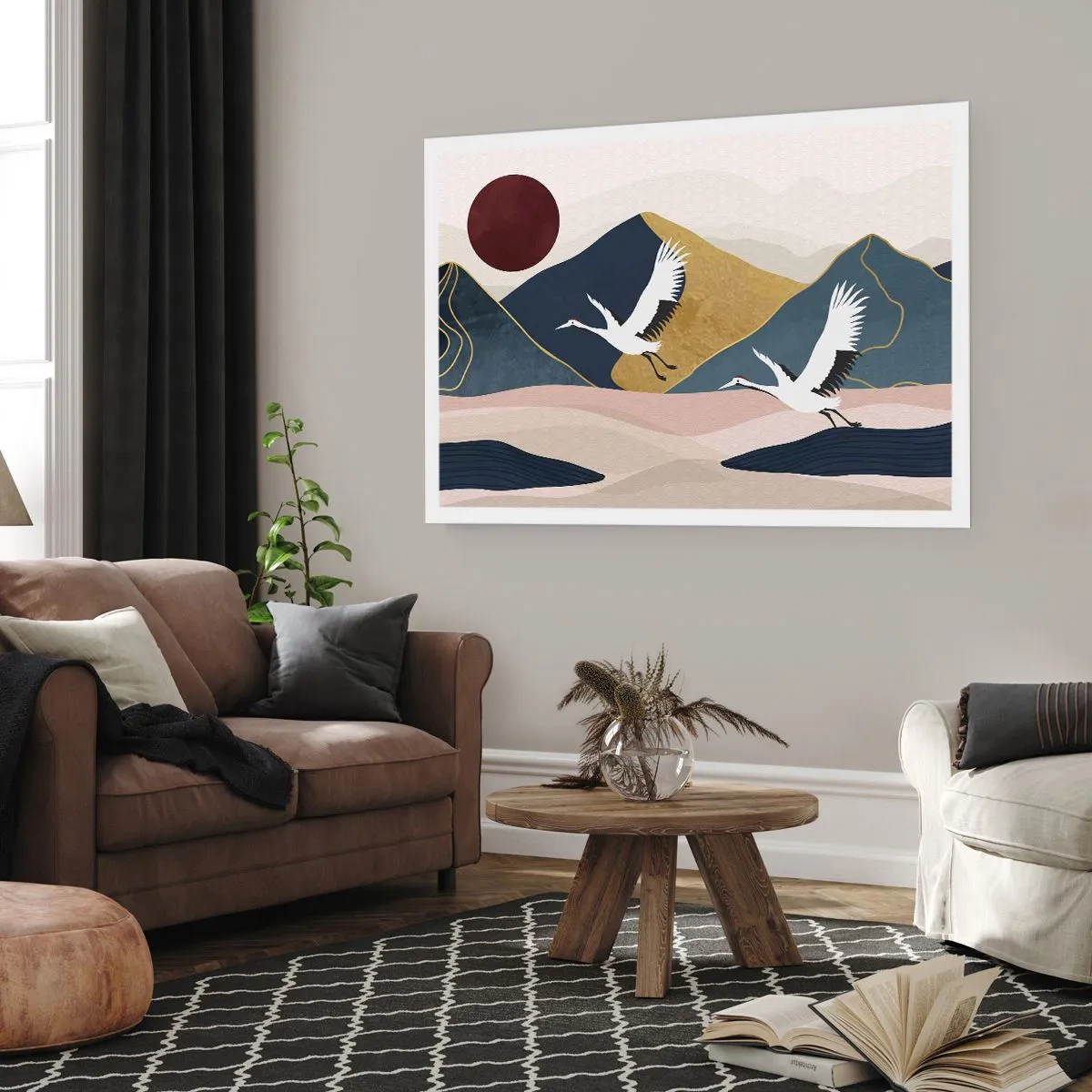 Plakat - Żurawie w locie na tle gór i czerwonego słońca - 100x70cm - I znowu ZLECIAŁ dzień - Nowoczesna dekoracja ścienna do salonu i sypialni ARTTOR