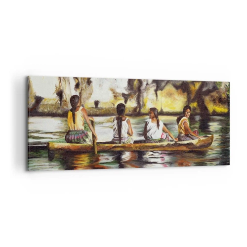 Obraz na płótnie - Kobiety w łodzi na spokojnej rzece z malowniczym tłem - 120x50cm - W polinezyjskim raju - Nowoczesna dekoracja ścienna do salonu i sypialni ARTTOR