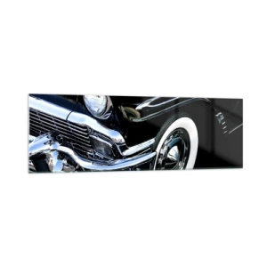 Obraz na szkle - Czarny klasyczny samochód w zbliżeniu na reflektor i błotnik - 160x50cm - Klasyka w srebrze, czerni i bieli - Nowoczesna dekoracja ścienna do salonu i sypialni ARTTOR