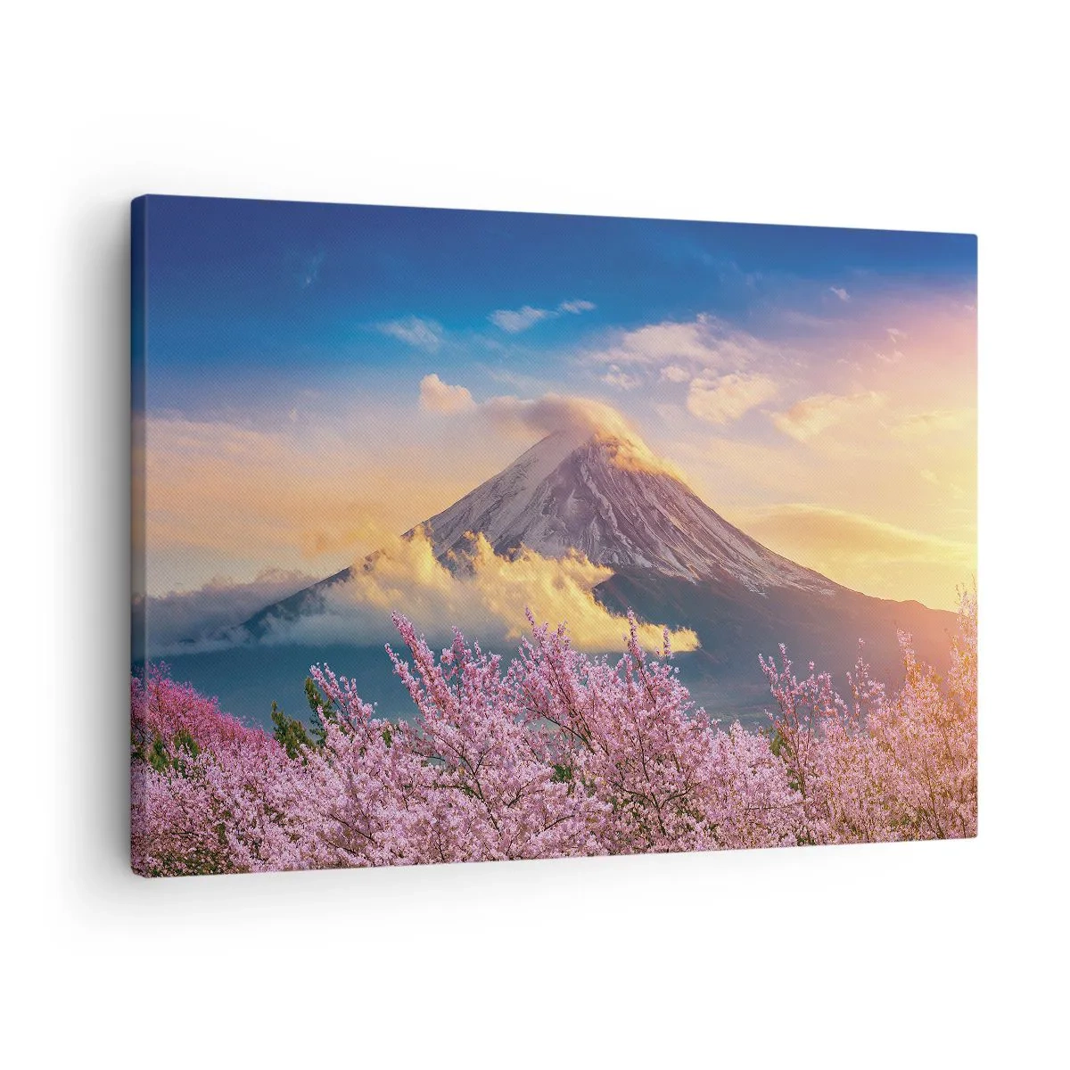 Obraz na płótnie - Góra Fuji na tle kwitnących wiśni o zachodzie słońca - 70x50cm - Japońska świętość - Nowoczesna dekoracja ścienna do salonu i sypialni ARTTOR