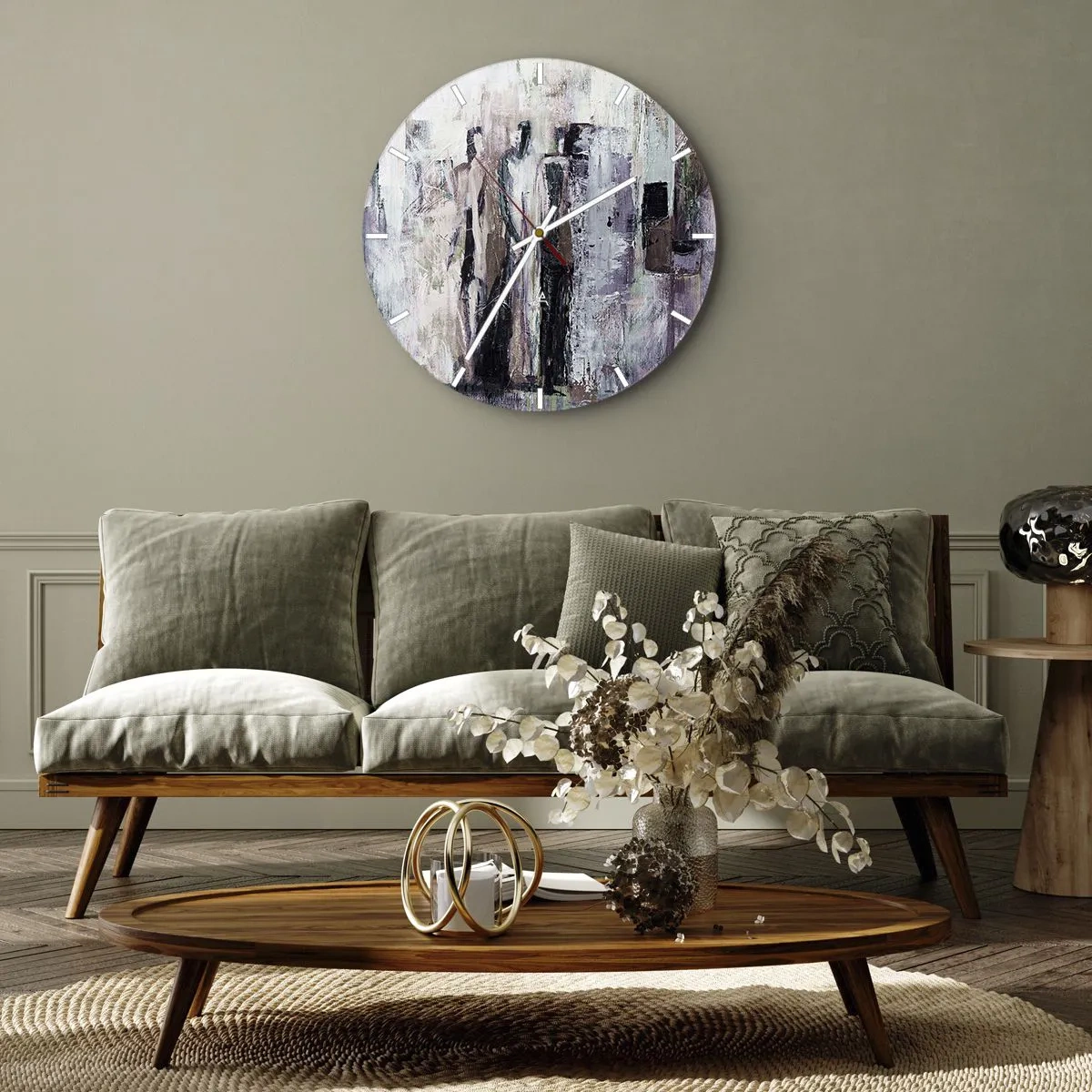 Zegar ścienny - Abstrakcyjne postacie w stonowanej palecie barw - 30x30cm - Tajemnicza trójka - Nowoczesna dekoracja ścienna do salonu, kuchni i sypialni ARTTOR