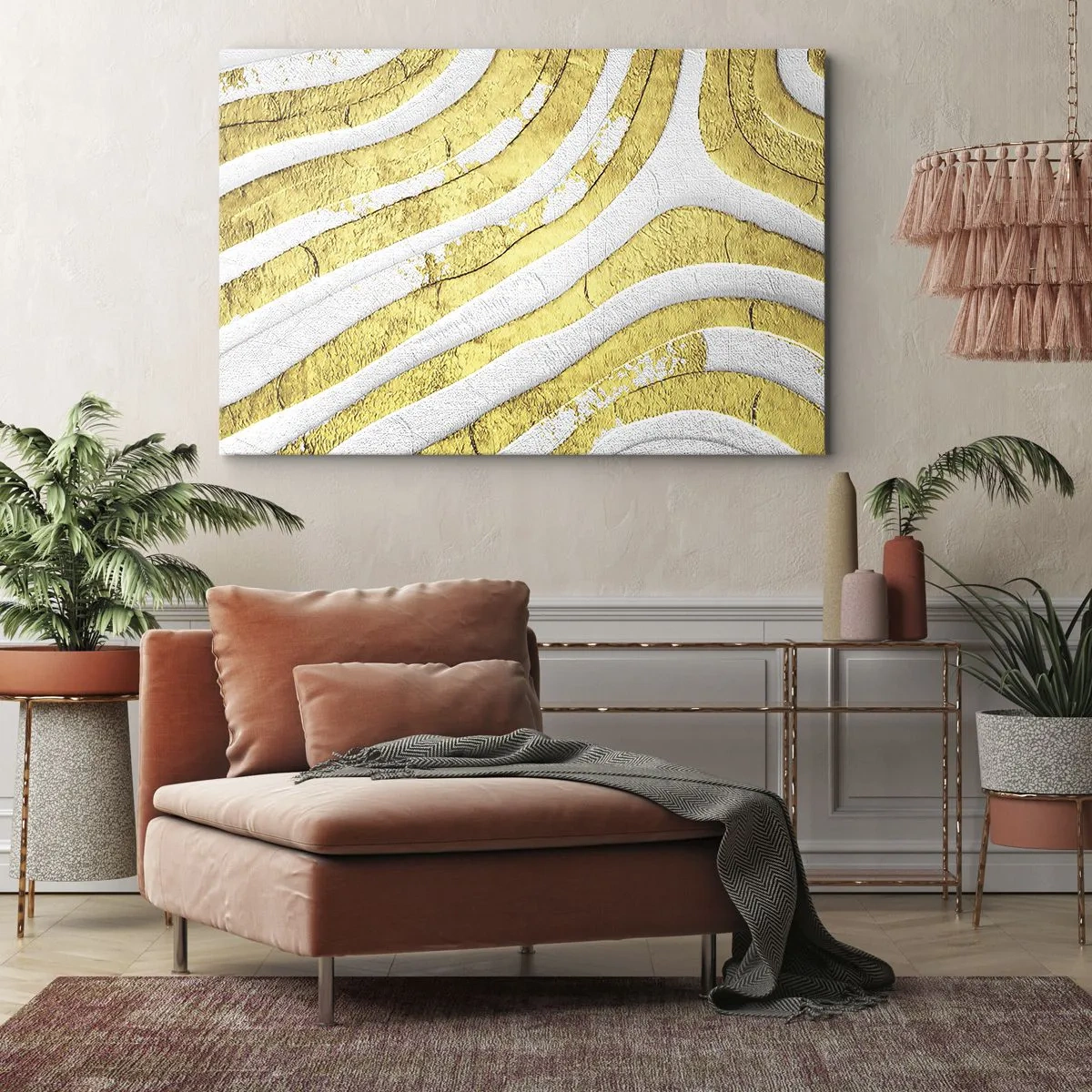 Obraz na płótnie - Złote i białe abstrakcyjne linie w fakturze 3D - 120x80cm - Kompozycja w bieli i złocie - Nowoczesna dekoracja ścienna do salonu, kuchni i sypialni ARTTOR