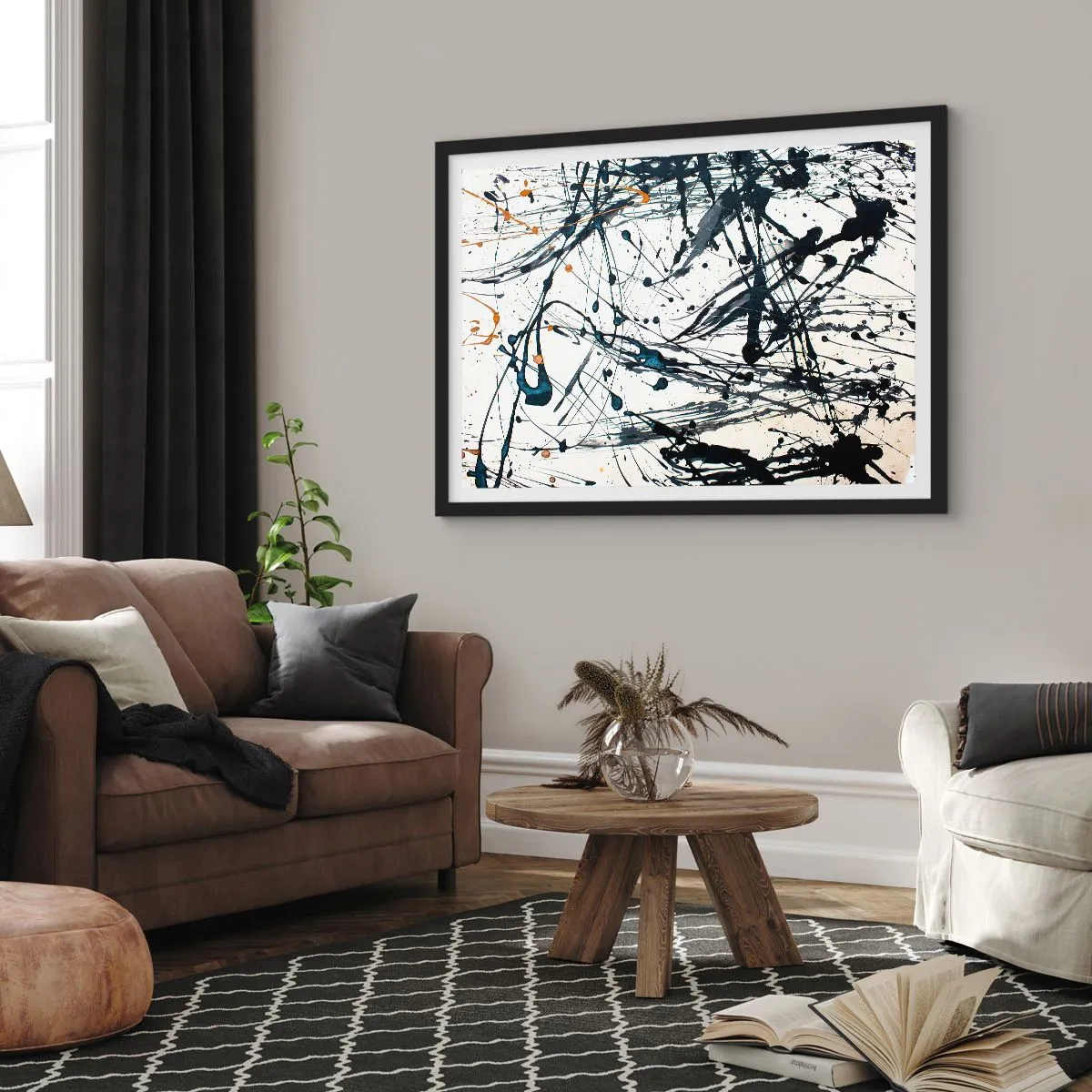 Plakat w czarnej ramie - Abstrakcyjny wzór malarski z dynamicznymi liniami i plamami - 70x50cm - Z sensem czy bez sensu? - Nowoczesna dekoracja ścienna do salonu i sypialni ARTTOR