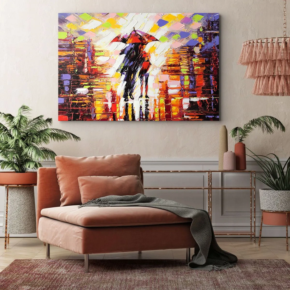 Obraz na płótnie - Abstrakcyjna scena spaceru pod parasolem w deszczową noc - 70x50cm - Razem przez noc i deszcz - Nowoczesna dekoracja ścienna do salonu i sypialni ARTTOR