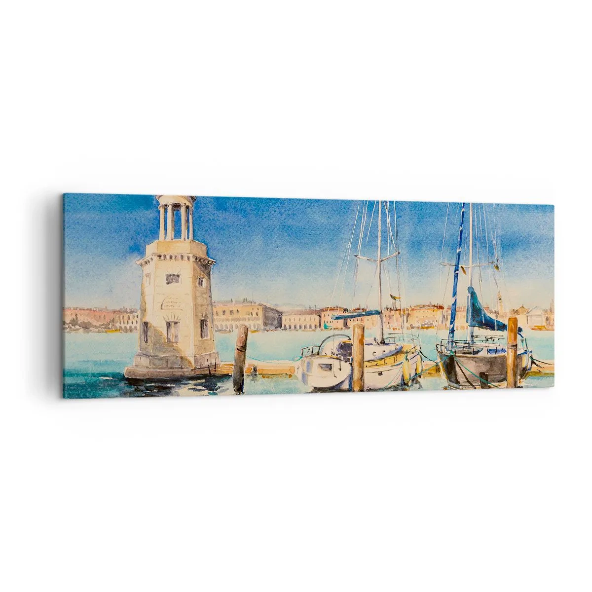 Obraz na płótnie - Marina z łodziami na tle błękitnej laguny - 140x50cm - Słoneczna laguna - Nowoczesna dekoracja ścienna do salonu i sypialni ARTTOR