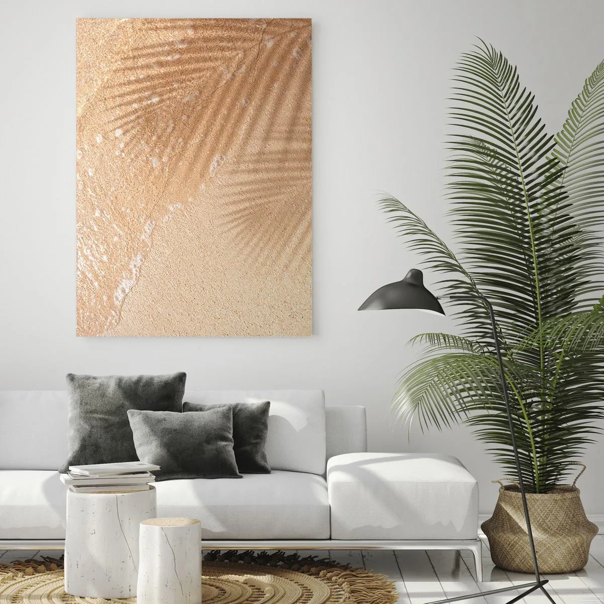 Obraz na szkle - Plaża i cień na piasku - 50x70cm - Cień gorącego lata - Nowoczesna dekoracja ścienna do salonu, kuchni i sypialni ARTTOR