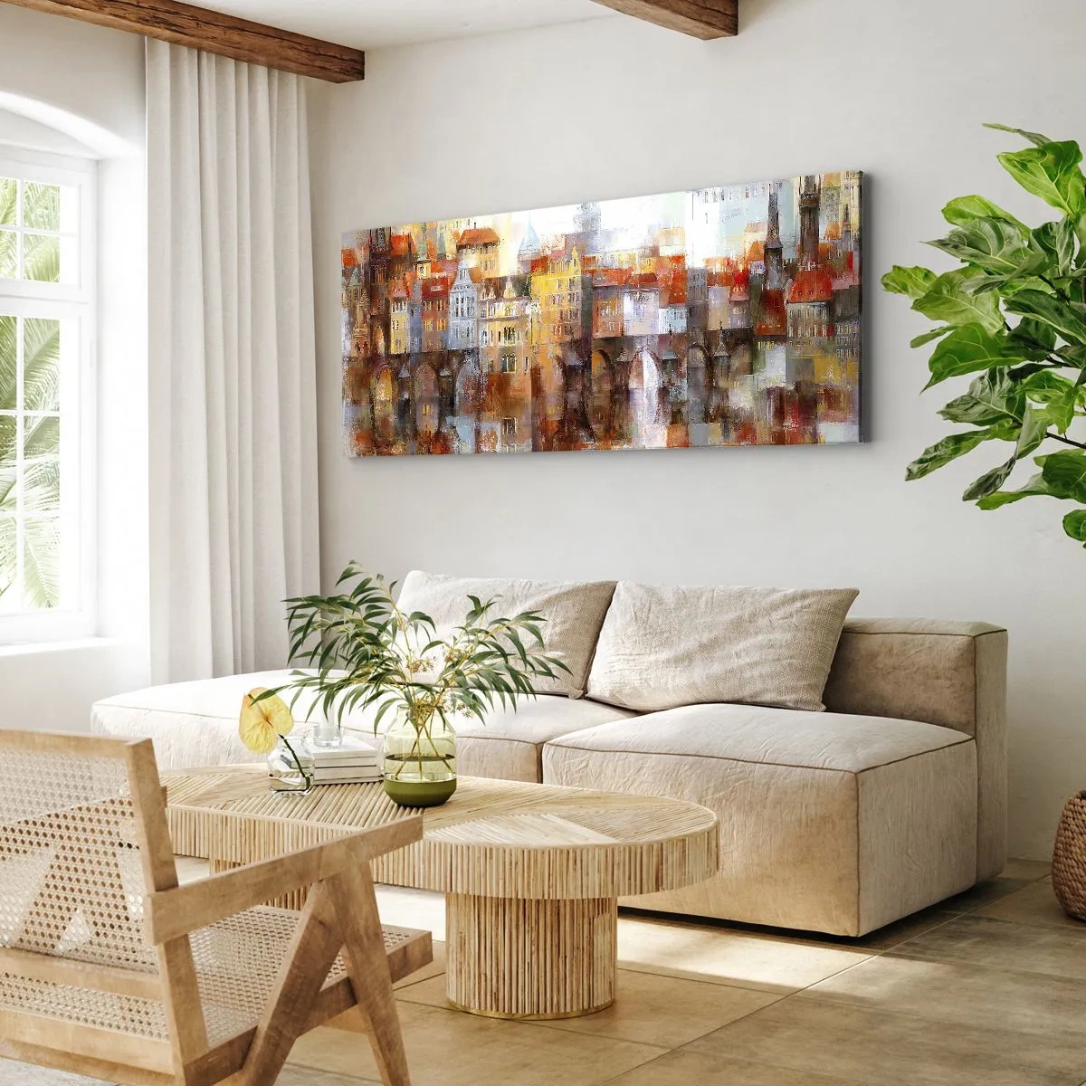 Obraz na płótnie - Malownicza panorama miasta z mostem w jesiennych barwach - 140x50cm - Pod mostem też pięknie - Nowoczesna dekoracja ścienna do salonu i sypialni ARTTOR