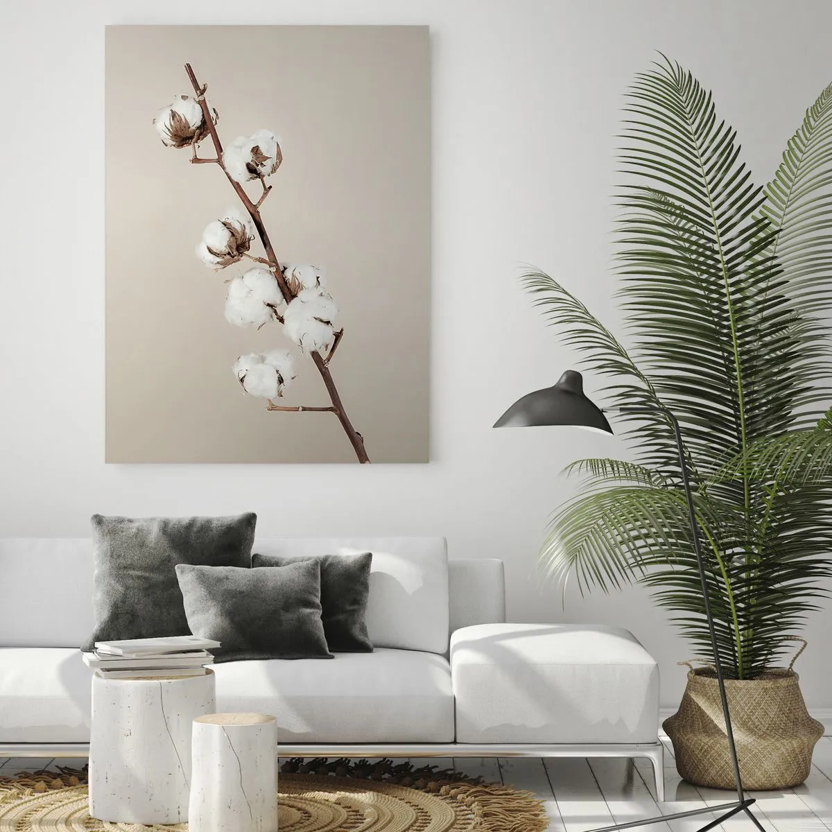 Obraz na szkle - Gałązka bawełny na jasnym, minimalistycznym tle - 50x70cm - U źródła miękkości - Nowoczesna dekoracja ścienna do salonu, kuchni i sypialni ARTTOR
