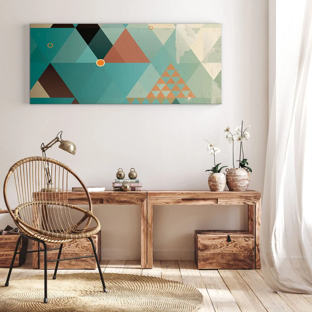 Obraz na płótnie - Geometryczne wzory w odcieniach turkusu i brązu - 160x50cm - Jedność wielości, wielość jedności - Nowoczesna dekoracja ścienna do salonu i sypialni ARTTOR