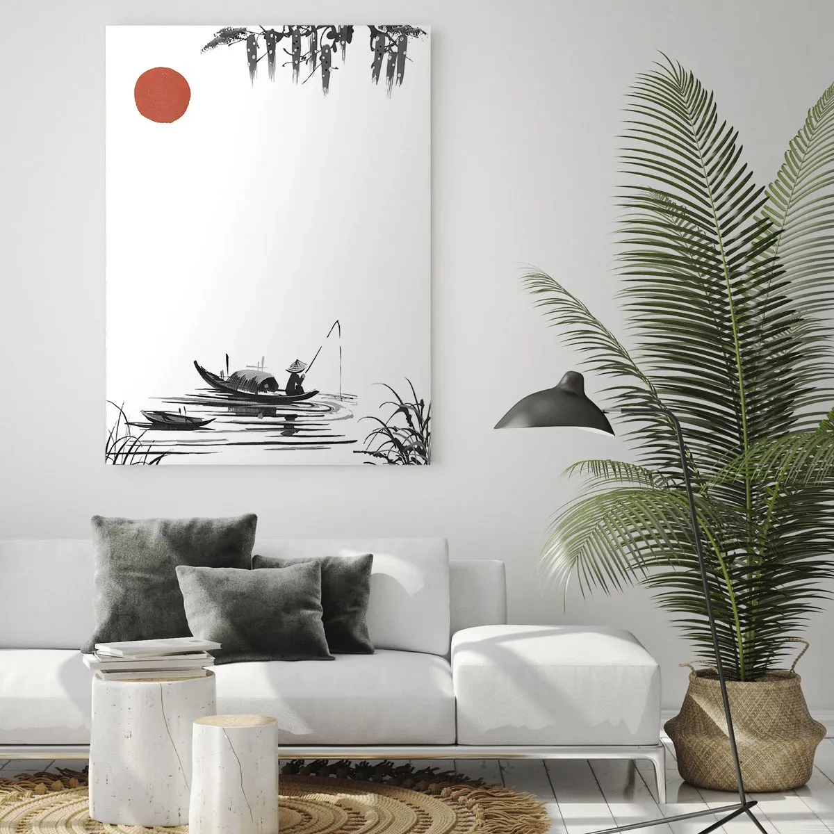 Obraz na szkle - Tradycyjna łódź rybacka na rzece z czerwonym słońcem - 50x70cm - Azjatyckie popołudnie - Nowoczesna dekoracja ścienna do salonu, kuchni i sypialni ARTTOR