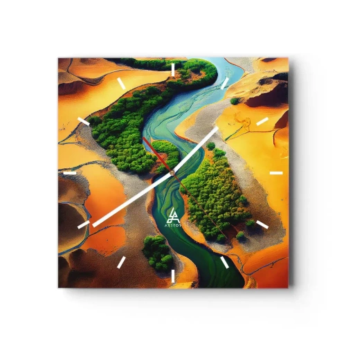 Zegar ścienny - Zielona rzeka w otoczeniu złotych piasków i roślinności - 30x30cm - Życiodajna rzeka - Nowoczesna dekoracja ścienna do salonu i sypialni ARTTOR