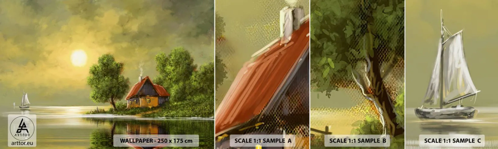 Fototapeta Próbka Standard Eco - Pięknie, jak z obrazka - Krajobraz, Wiejska Chata, Żaglówka - 100x30 cm