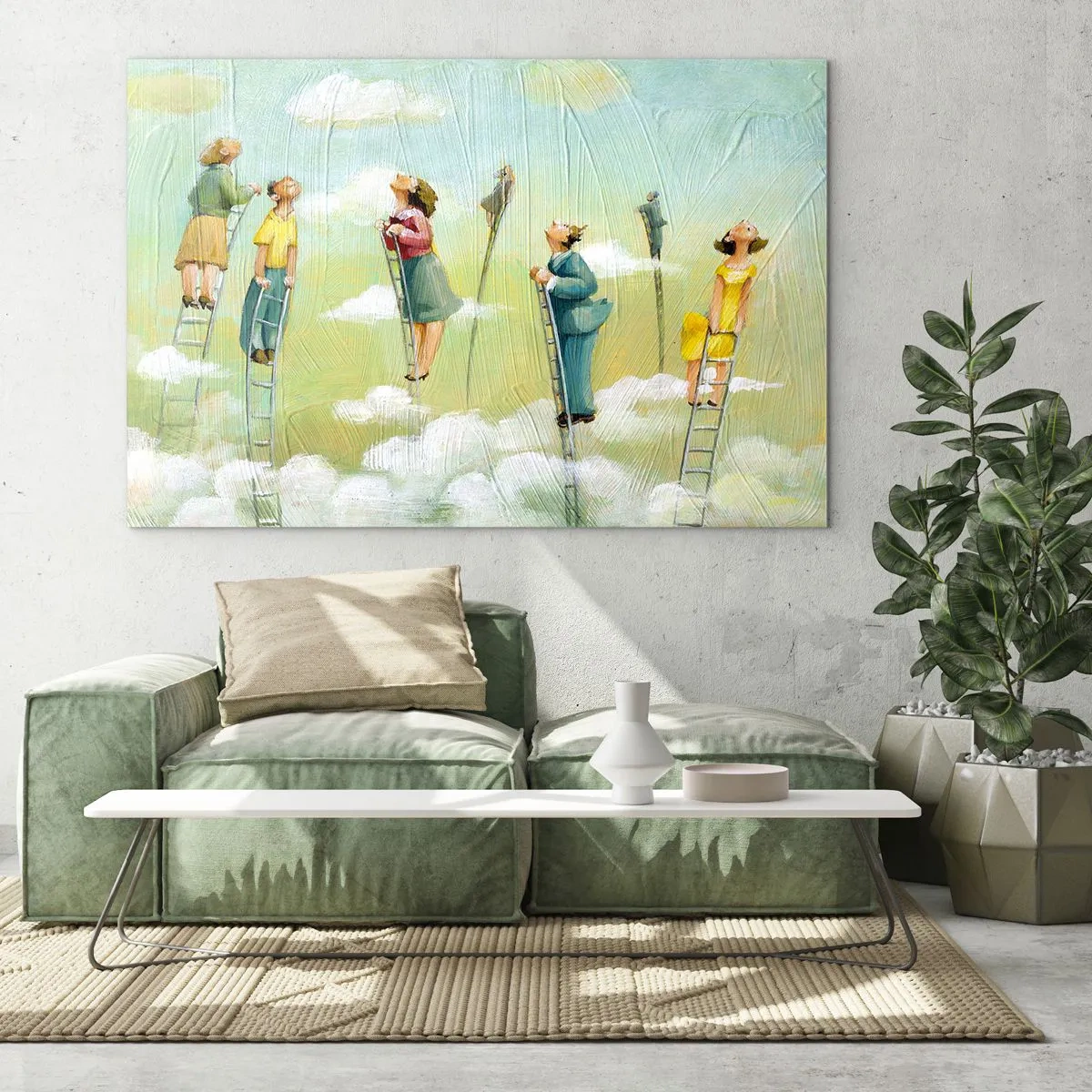 Obraz na szkle - Postacie wspinające się po drabinach wśród chmur - 70x50cm - Za swoim marzeniem - Nowoczesna dekoracja ścienna do salonu i sypialni ARTTOR