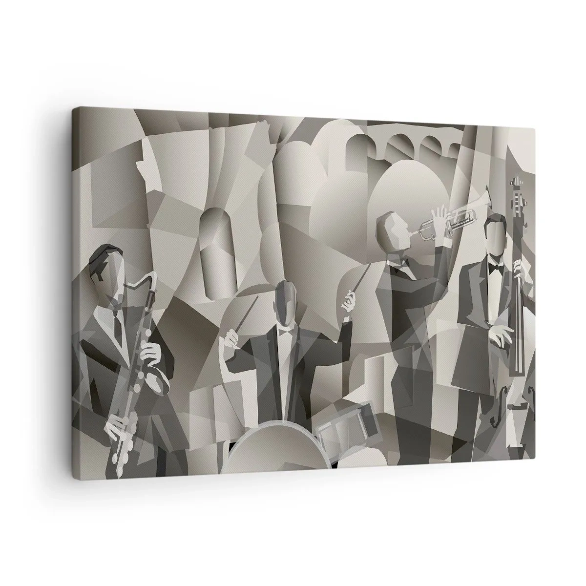 Obraz na płótnie - Abstrakcyjna scena z muzykami jazzowymi w szarościach - 70x50cm - W przestrzeni dźwięków - Nowoczesna dekoracja ścienna do salonu i sypialni ARTTOR