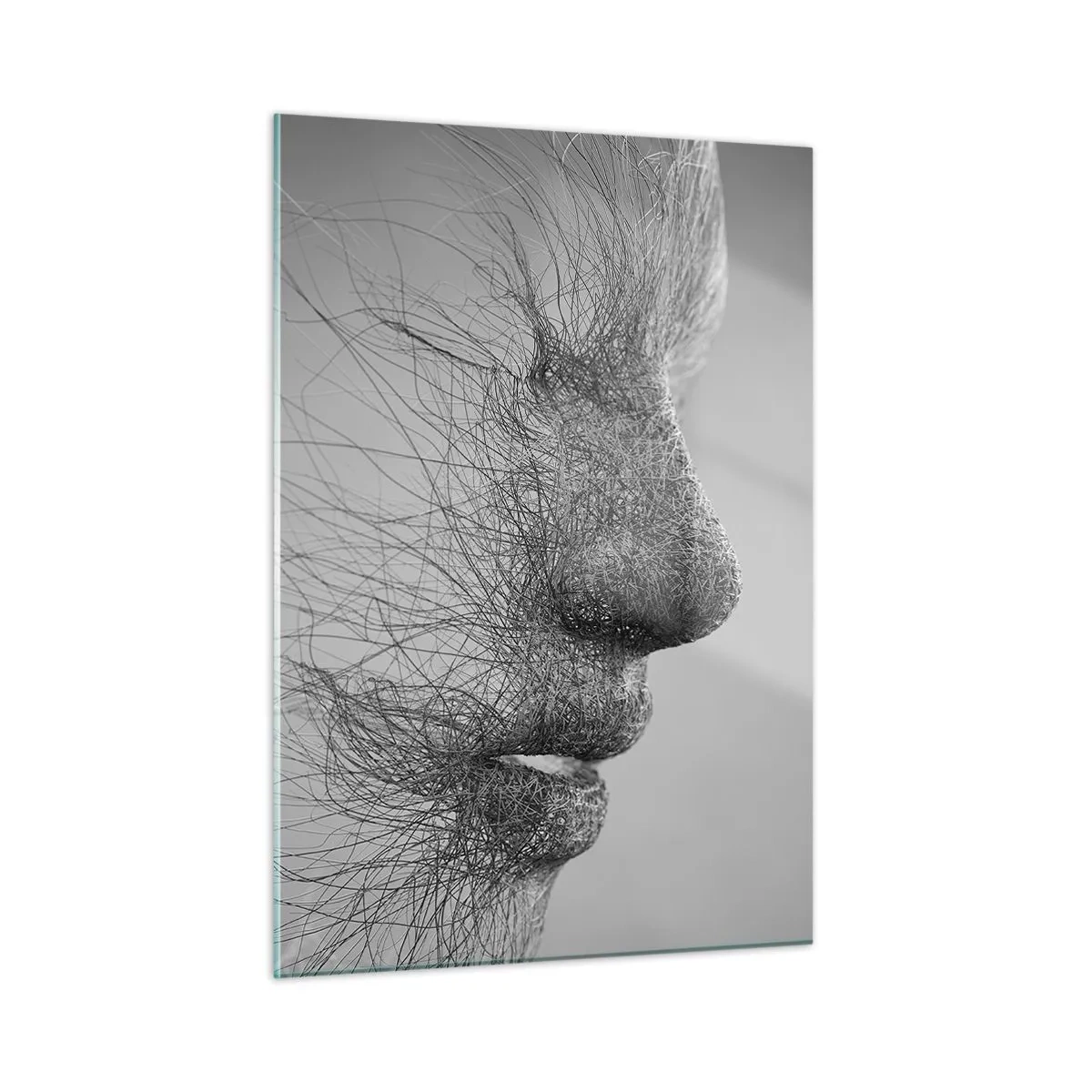 Obraz na szkle - Czarno-biały abstrakcyjny profil twarzy z liniami - 50x70cm - Duch wiatru - Nowoczesna dekoracja ścienna do salonu, kuchni i sypialni ARTTOR