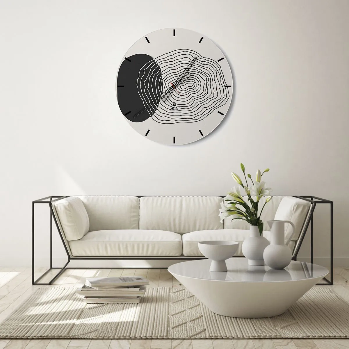 Zegar ścienny - Abstrakcyjne linie tworzące koncentryczne wzory na jasnym tle - 30x30cm - Trwanie i drganie - Nowoczesna dekoracja ścienna do salonu, kuchni i sypialni ARTTOR