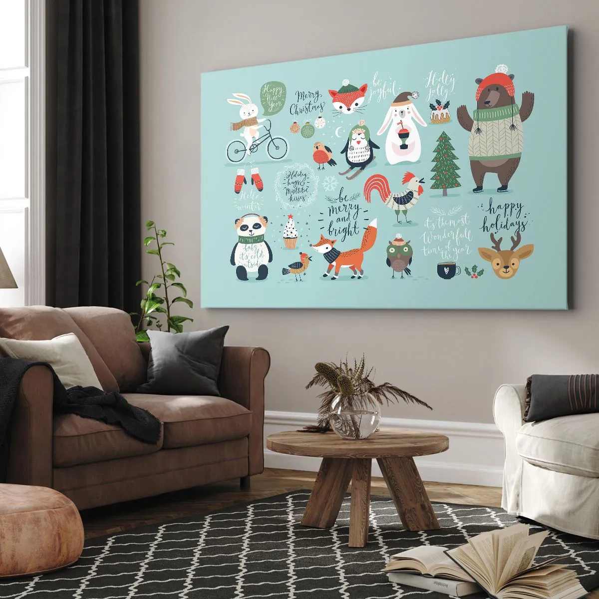 Obraz na płótnie - Świąteczna ilustracja zwierząt w zimowym klimacie - 70x50cm - Niech zawsze już będą święta! - Nowoczesna dekoracja ścienna do salonu i sypialni ARTTOR