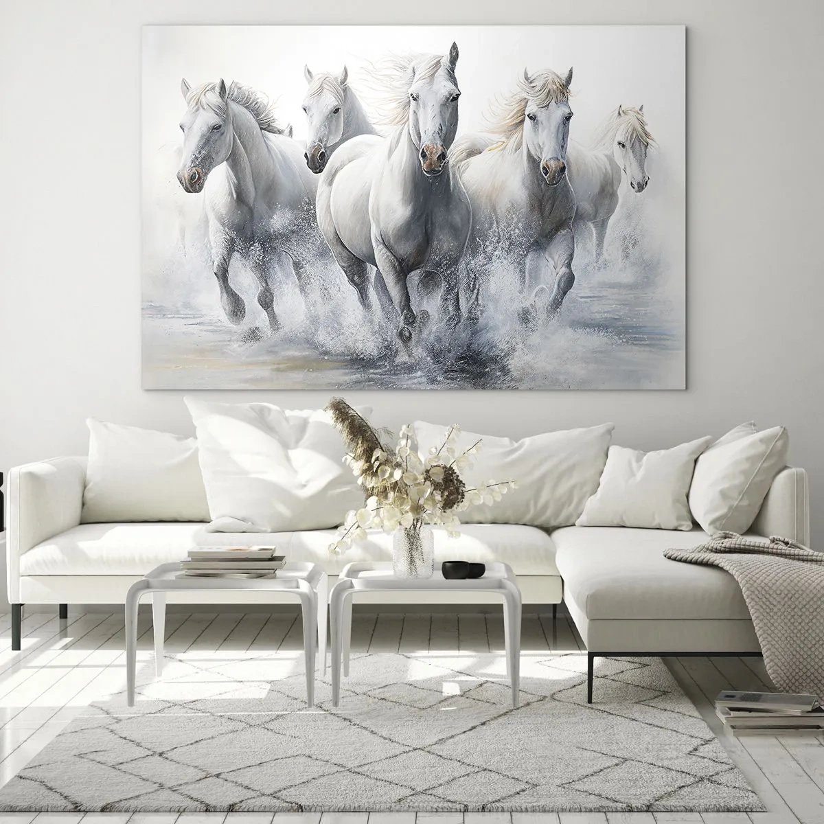 Obraz na szkle - Białe konie galopujące przez wodę w dynamicznej kompozycji - 100x70cm - Biała magia - Nowoczesna dekoracja ścienna do salonu, kuchni i sypialni ARTTOR