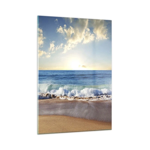Obraz na szkle - Fale oceanu rozbijające się o złocistą plażę o wschodzie - 50x70cm - Ruch i bezruch zarazem - Nowoczesna dekoracja ścienna do salonu, kuchni i sypialni ARTTOR