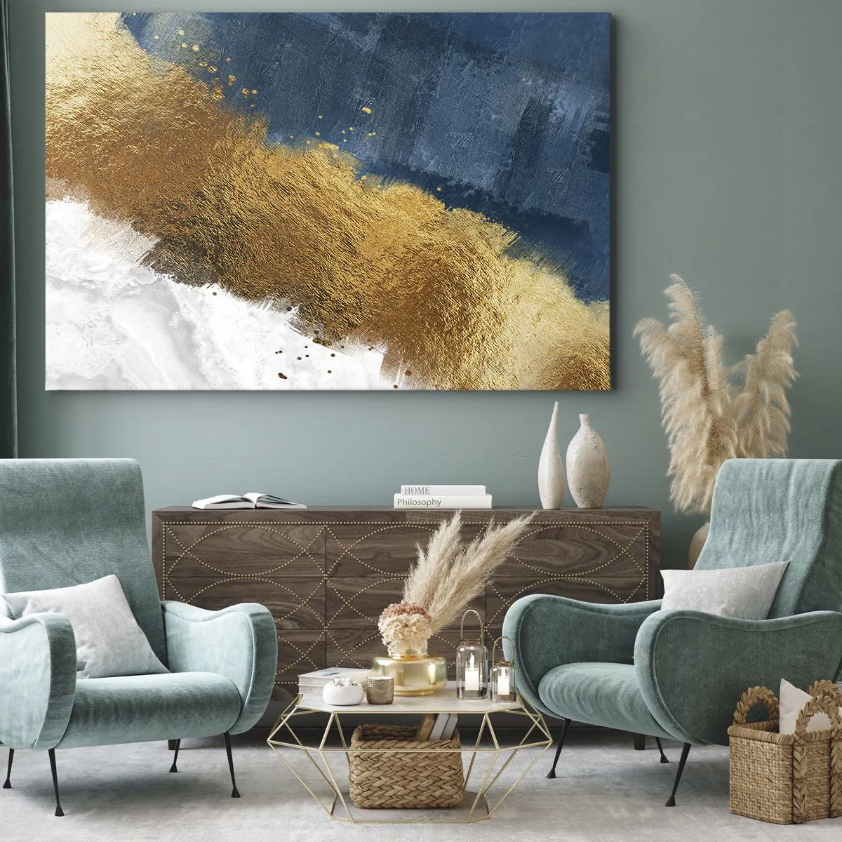 Obraz na płótnie - Abstrakcyjna kompozycja w odcieniach złota, błękitu i bieli - 70x50cm - Barwy lata - Nowoczesna dekoracja ścienna do salonu i sypialni ARTTOR